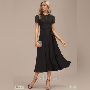 JJ’s House A-line Scoop Tea-Length Chiffon Cocktail Dress With Pleated black 16